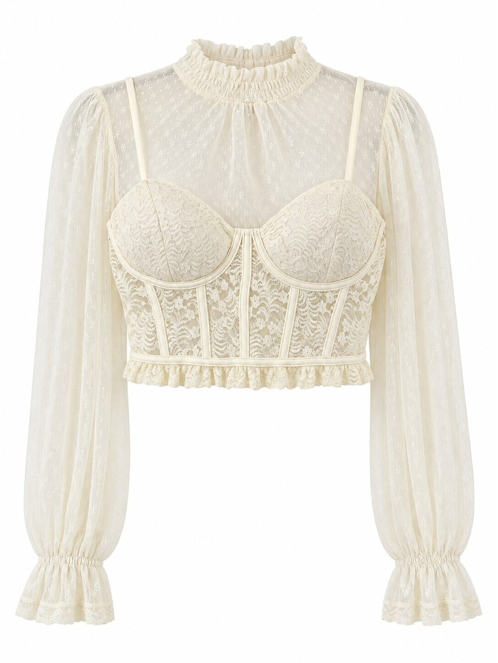 Privy Ivory Lace Corset Bustier Sheer Long Sleeve Crop Top M